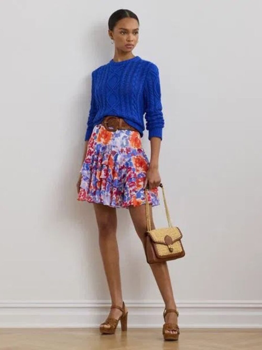 $145 Lauren Ralph Lauren Floral Crinkle Georgette Tiered Skirt Size 12, 16